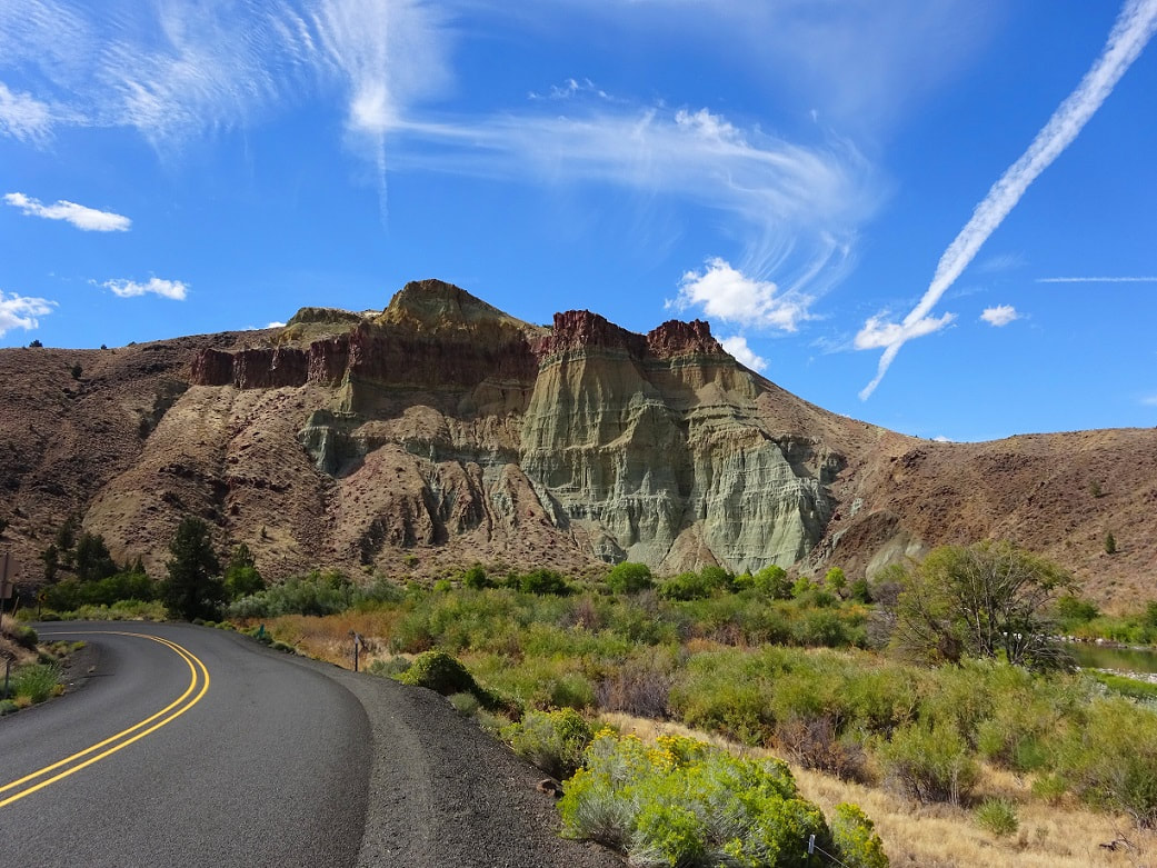 Driving by Cathedral Rock in the Spring, John Day Fossil Beds National Monument, Sheep Rock Unit